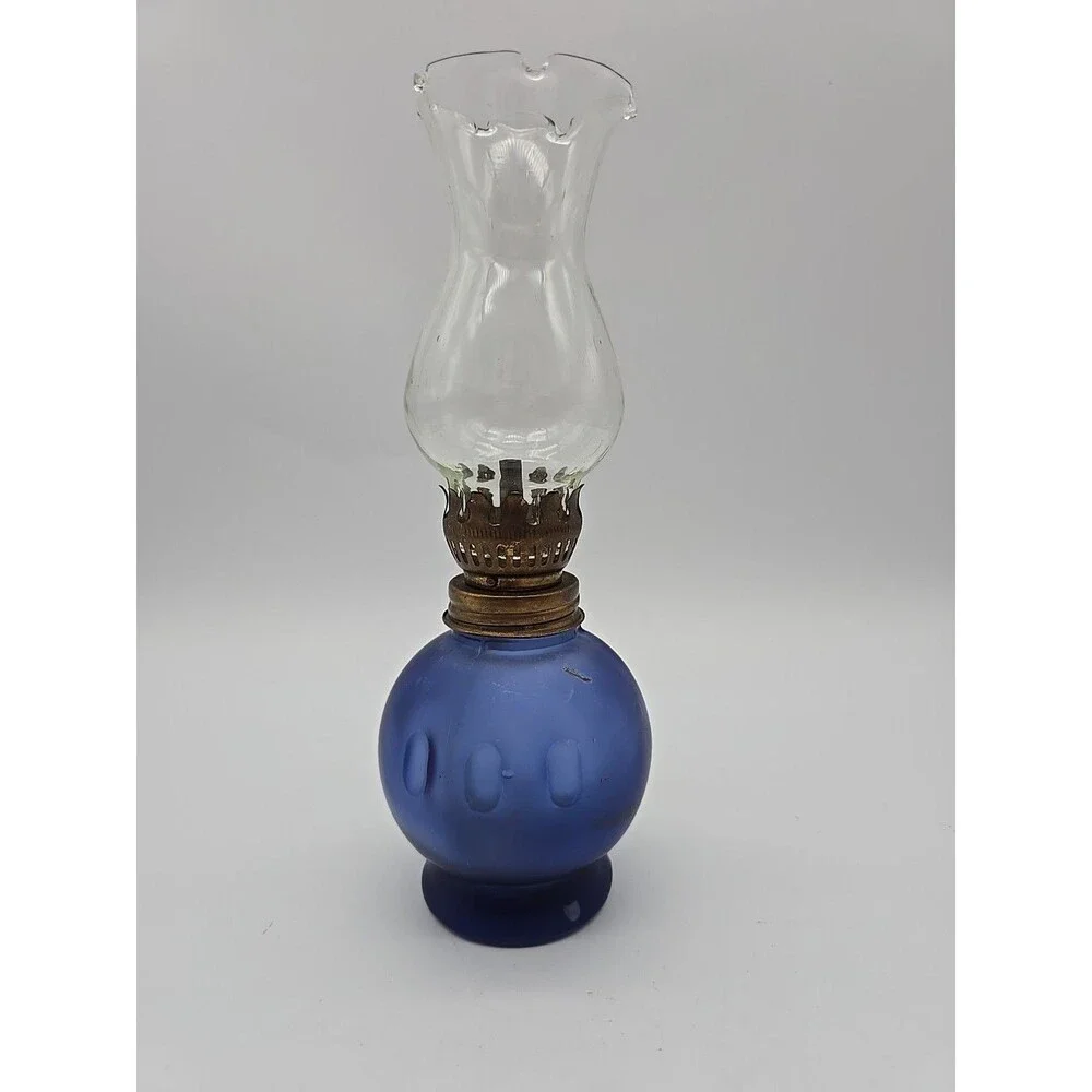 Vtg Miniature Oil Lamp Cobalt Blue Satin Glass Base Scalloped Clear Glass Top